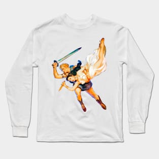 pin up girl couple of warriors with medieval swords retro comic vintage Long Sleeve T-Shirt